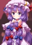  1girl :/ blush bunching_hair capelet commentary_request crescent crescent_hat_ornament dress hands_up hat hat_ornament highres long_hair looking_at_viewer mob_cap patchouli_knowledge purple_background purple_dress purple_eyes purple_hair ruu_(tksymkw) simple_background solo striped touhou upper_body vertical_stripes very_long_hair 