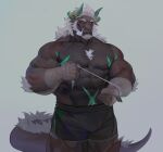  2022 abs anthro arm_tuft beard biceps black_bottomwear black_clothing black_shorts bottomwear brown_body brown_scales chest_tuft claws clothed clothing deltoids dragon driedwarek elbow_tuft facial_hair finger_claws flexor_carpi green_horn green_stripes grey_background hair hi_res horn horn_jewelry horn_ring jewelry male muscular muscular_anthro muscular_male red_eyes ring_(jewelry) scales scalie shorts simple_background singed_(ffizzy_) smoke_from_nose solo stripes tail_mane topless tuft white_hair wraps wrist_wraps 