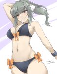  1girl armpit_peek artist_name bikini black_bikini blush bow breasts brown_eyes cleavage closed_mouth commentary_request cowboy_shot dated front-tie_bikini_top front-tie_top gakky green_hair kantai_collection looking_at_viewer medium_breasts medium_hair navel one-hour_drawing_challenge orange_bow side-tie_bikini_bottom simple_background smile solo swimsuit white_background white_bow yuubari_(kancolle) 