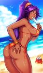  1girl artist_name ass ass_grab beach bikini bird bleach breasts cloud cowboy_shot crab dark-skinned_female dark_skin day fang food grabbing_own_ass heart heart-shaped_pupils highres holding_ice_cream iahfy large_breasts looking_at_viewer mole mole_on_ass mole_on_breast ocean outdoors patreon_username ponytail popsicle purple_hair sand shihouin_yoruichi solo swimsuit symbol-shaped_pupils teeth twitter_username water 