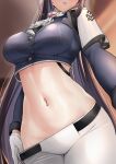  1girl ascot breasts brown_hair crop_top gloves goddess_of_victory:_nikke head_out_of_frame highres joosi large_breasts long_hair marciana_(nikke) midriff navel navel_piercing pants piercing solo stomach very_long_hair white_ascot white_gloves white_pants 