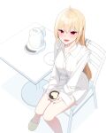  1girl absurdres ahoge bare_legs blonde_hair blush breasts chair coffee collarbone collared_shirt from_above hair_between_eyes highres jingburger jirari long_hair long_sleeves looking_at_viewer medium_breasts naked_shirt open_mouth oversized_clothes oversized_shirt red_eyes shirt sitting sketch slippers smile table tsurime virtual_youtuber waktaverse white_shirt 