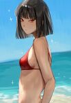  1girl bikini black_hair blue_sky bob_cut breasts closed_mouth from_side highres limbus_company looking_at_viewer na-gyou_(nunumaru) ocean project_moon red_bikini red_eyes ryoshu_(limbus_company) short_hair sky small_breasts solo sparkle swimsuit upper_body 