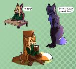  anthro averi_(fiddleafox) breasts brown_body brown_fur canid canine clothing coffee_cup collage container cup dipstick_tail english_text female female_anthro food fox fur gloves_(marking) green_clothing green_eyes hair hi_res leg_markings mammal markings plant socks_(marking) solo tail tail_markings text tree unknown_artist white_body white_fur 