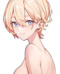  1girl bare_shoulders blonde_hair blue_eyes from_side hair_between_eyes looking_at_viewer looking_to_the_side lysh nude original short_hair simple_background smile solo white_background 