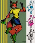  2023 anthro belt black_nose blue_bottomwear blue_clothing blue_shorts bottomwear breasts canid canine clothed clothing digital_drawing_(artwork) digital_media_(artwork) eyebrows fangs female fox full-length_portrait fur gesture green_background green_belt grey_body grey_fur headphones hi_res inline_skates literaldeerirl looking_at_viewer mammal multiple_images plantigrade portrait red_body red_fox red_fur roller_skates screentone shaded shirt shorts simple_background smile solo spray_can t-shirt tail teeth topwear v_sign yellow_clothing yellow_eyes yellow_shirt yellow_topwear 