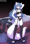  anthro blue_hair breasts canid canine chest_tuft clothing collar ear_tuft female fur garter_straps hair hand_behind_head kaitycuddle legwear lingerie looking_at_viewer mammal solo stockings tail tuft underwear undressed white_body white_fur 