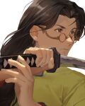  1boy a_(user_vtsy8742) black_eyes black_hair citan_uzuki close-up fighting_stance glasses green_robe highres holding holding_sword holding_weapon katana long_hair male_focus robe serious simple_background solo sword sword_guard_stance weapon white_background xenogears 