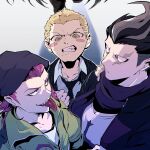  3boys black_hair black_headwear black_jacket black_necktie black_scarf clenched_teeth collarbone collared_shirt danganronpa_(series) danganronpa_2:_goodbye_despair grey_hair highres jacket kuzuryu_fuyuhiko looking_at_another luckyland1985 medium_hair multiple_boys necktie pink_eyes pink_hair scar scar_across_eye scarf sharp_teeth shirt short_hair soda_kazuichi striped striped_jacket sweat tanaka_gundham teeth tongue tongue_out white_shirt 