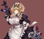  1girl apron barghest_(fate) barghest_(swimsuit_archer)_(fate) black_dress blonde_hair blush breasts brown_background closed_mouth collared_dress dress fate/grand_order fate_(series) frilled_apron frilled_dress frills gloves green_eyes gun headpiece heterochromia highres holding holding_gun holding_weapon juliet_sleeves large_breasts long_sleeves looking_at_viewer maid maid_apron maid_headdress puffy_sleeves red_eyes short_hair_with_long_locks simple_background smile solo sparkle sumifate upper_body weapon white_apron white_gloves 