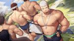  5boys bara belt black_belt black_hair black_male_underwear black_pants blue_eyes brown_hair closed_mouth cloud day facial_hair gyee hand_on_own_hip highres izumi_(gyee) izumi_sp_(gyee) large_pectorals looking_at_viewer male_focus male_underwear multiple_boys muscular muscular_male navel nipples official_art outdoors pants pectorals sky sweatdrop topless_male underwear whistle whistle_around_neck white_hair 