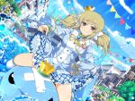  1girl animal architecture balcony bandaged_head bandages blonde_hair blue_dress blue_flower blue_sky blush breasts bridge building bush canal choker city cityscape cloud collarbone crown day dolphin dress flag flower frilled_dress frills garden green_bracelet green_choker hair_between_eyes hair_ornament hand_on_own_hip kafuru_(senran_kagura) leaf long_sleeves looking_at_viewer low_twintails medium_breasts mini_crown official_art orange_flower outdoors pennant pink_flower plant pointing pointing_at_viewer purple_eyes purple_flower red_flower ribbon riding riding_animal river senran_kagura senran_kagura_estival_versus senran_kagura_new_link shiny_skin short_hair sky smile smirk smug solo splashing string_of_flags sunflower swimming tree twintails v-shaped_eyebrows water water_drop wet whistle whistle_around_neck white_flower white_footwear yaegashi_nan yellow_flower yellow_ribbon 