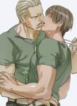  2boys ass_grab bara blonde_hair brown_hair character_request check_character copyright_request dog_tags grabbing_another&#039;s_ass green_shirt groping hug jack_krauser leon_s._kennedy medium_hair multiple_boys open_mouth resident_evil shirt simple_background tatsumi_(psmhbpiuczn) white_background yaoi 