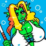  2023 2_horns 5_fingers big_breasts blonde_hair blue_background blue_eyeshadow blush breasts bubble bust_portrait cleavage clothed clothing collarbone digital_drawing_(artwork) digital_media_(artwork) dress european_mythology eyeshadow female fin fingers gem gorgon greek_mythology green_body green_skin hair head_fin holding_object horn humanoid jewelry looking_at_viewer makeup mythology necklace nipple_outline not_furry oekaki orange_blush orange_eyes pearl_(gem) pearl_necklace portrait simple_background solo underwater water white_clothing white_dress white_horn woot 