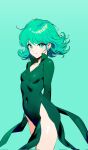  arms_behind_back black_dress breasts collar covered_navel covered_nipples curly_hair dress flipped_hair green_eyes green_hair highres looking_at_viewer mr_tangsuyuk one-punch_man petite psychic shiny_skin short_hair side_slit simple_background skin_tight small_breasts tatsumaki tight_clothes 