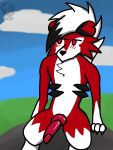  3:4 anthro canid canine digital_media_(artwork) embarrassed generation_7_pokemon genitals hair lycanroc male mammal midnight_lycanroc nintendo penis pokemon pokemon_(species) red_body red_eyes ronai_fox shaded simple_background simple_coloring simple_eyes simple_shading solo white_hair 