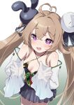  1girl absurdres ahoge attilio_regolo_(azur_lane) azur_lane blush breasts brown_hair collarbone commentary_request detached_sleeves fang hair_ornament heart heart-shaped_pupils highres long_hair long_sleeves marimo_daifuku mole open_mouth purple_eyes simple_background small_breasts solo symbol-shaped_pupils twintails white_background 