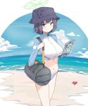  1girl absurdres aqua_eyes arsyky14 bag beach bikini black_headwear blue_archive blue_bikini blue_jacket blue_sky blush breasts bucket_hat cropped_jacket duffel_bag grey_hair halo hat highres jacket large_breasts long_sleeves looking_at_viewer map multicolored_clothes multicolored_jacket navel rash_guard saki_(blue_archive) saki_(swimsuit)_(blue_archive) shore short_hair sidelocks sky solo swimsuit thighs two-tone_jacket white_jacket 