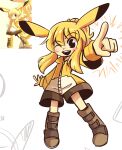 1girl :d ^^^ absurdres black_eyes blonde_hair blush_stickers boots brown_footwear character_hood commentary english_commentary foreshortening full_body highres hood hoodie looking_at_viewer one_eye_closed peargor personification pikachu pikachu_ears pointing pointing_at_viewer pokemon pokemon_ears reference_inset satsuki_mei_(sakuramochi) sidelocks simple_background sketch smile standing white_background yellow_hoodie 