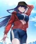  1girl aoba_(smartbeat) baseball_cap bike_shorts black_headwear black_shorts black_sports_bra blue_eyes blue_sky breasts closed_mouth collarbone drawstring fate/grand_order fate_(series) hat highres jacket large_breasts long_hair long_sleeves looking_at_viewer martha_(fate) martha_(under_the_same_sky)_(fate) purple_hair red_jacket shorts sky smile solo sports_bra thighs 
