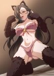  1girl absurdres animal_hands ass_visible_through_thighs bare_shoulders bell blush bra breasts brown_bra brown_eyes brown_hair brown_panties cleavage collarbone elbow_gloves fire_emblem fire_emblem_fates gloves hair_over_one_eye highres jingle_bell kagero_(fire_emblem) kneeling large_breasts long_hair looking_at_viewer navel open_mouth panties paw_gloves paw_shoes ponytail sirano smile solo thighhighs thighs underwear 
