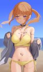  1girl absurdres beach bikini black_choker blue_sky blush breast_tattoo breasts choker cleavage commentary_request day embarrassed highres kopaka_(karda_nui) large_breasts looking_to_the_side ocean orange_hair original outdoors purple_eyes side-tie_bikini_bottom sky solo swimsuit tattoo twintails yellow_bikini 