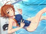  1girl ahoge blue_one-piece_swimsuit breasts brown_eyes brown_hair collarbone competition_swimsuit double_v eyelashes flipped_hair goggles higeyagi idolmaster idolmaster_cinderella_girls idolmaster_cinderella_girls_starlight_stage in_water looking_at_viewer medium_breasts nishijima_kai one-piece_swimsuit one_eye_closed open_mouth pool short_hair smile solo swim_cap swimsuit v 
