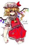 1girl absurdres ascot back_bow blonde_hair bow breasts buttons clenched_hand closed_mouth cowboy_shot cropped_legs dated flandre_scarlet frilled_skirt frills hat hat_ribbon highres ichirugi large_bow light_smile looking_at_viewer medium_hair mob_cap multicolored_wings one_side_up puffy_short_sleeves puffy_sleeves red_eyes red_ribbon red_skirt red_vest ribbon ribbon-trimmed_headwear ribbon_trim shirt short_sleeves simple_background skirt skirt_set sleeve_ribbon small_breasts solo touhou twitter_username vest white_background white_bow white_headwear white_shirt wings yellow_ascot 