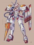  1girl absurdres apoloniodraws breasts brown_background cable char&#039;s_counterattack clenched_hand darling_in_the_franxx fin_funnels full_body gundam highres holding holding_polearm holding_weapon horns lance mecha medium_breasts no_humans orange_eyes polearm redesign robot science_fiction simple_background single_horn solo strelizia weapon 