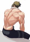  1boy absurdres achilles_(fate) back back_focus black_pants facing_away fate/apocrypha fate_(series) green_hair haruakira highres male_focus muscular muscular_male pants short_hair simple_background sitting solo thigh_strap towel towel_around_neck undercut white_background white_towel 