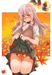  1girl black_thighhighs blue_eyes blush breasts brown_sweater_vest choker clothes_lift collared_shirt earrings fate/grand_order fate_(series) green_skirt highres jewelry large_breasts leaf leaf_print long_hair looking_at_viewer maple_leaf mitsurugi_sugar miyamoto_musashi_(fate) orange_panties panties pink_hair shirt short_sleeves skirt skirt_lift solo sweater_vest thighhighs thighs underwear white_shirt 