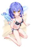  1girl ahoge amamiya_kokoro amamiya_kokoro_(7th_costume) arm_support auroraescientia beach bikini black_bikini blue_hair blue_nails breasts closed_mouth flower frilled_bikini frills hair_flower hair_ornament highres holding holding_water_gun jewelry long_hair looking_at_viewer medium_breasts nail_polish navel necklace nijisanji see-through seiza side-tie_bikini_bottom sitting smile solo swimsuit two_side_up virtual_youtuber water_gun yellow_eyes yokozuwari 