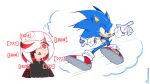  1boy 1girl ? ?? animal_ears animal_nose commentary english_commentary english_text full_body furry furry_male gloves green_eyes grin hair_over_one_eye imagining k0smic_aries motion_lines open_mouth red_eyes red_footwear sage_(sonic) shoes short_hair simple_background sliding smile sonic_(series) sonic_frontiers sonic_the_hedgehog tail thought_bubble white_background white_gloves white_hair 