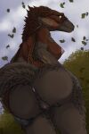  2023 absurd_res anthro anus anus_focus areola arm_feathers big_breasts big_butt breasts brown_body brown_feathers brown_fur butt butt_focus claws clitoris colored digital_drawing_(artwork) digital_media_(artwork) dinosaur dromaeosaurid dromaeosaurus feather_tuft feathered_dinosaur feathered_diva feathers female fur genitals hi_res knik_(razorzj) legs_together long_tail looking_at_viewer looking_back looking_back_at_viewer lying mythology nipple_fetish nipple_outline nipples on_back pink_anus pink_areola pink_nipples pink_pussy presenting presenting_anus presenting_breasts presenting_nipple presenting_pussy pussy reptile scalie smile smiling_at_viewer solo spread_anus spread_arms spreading tail tail_feathers theropod tuft wings yellow_eyes 