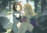  2girls :d animal_ears arm_belt backlighting bare_legs belt blonde_hair blonney blue_eyes blue_shorts blurry blurry_background blurry_foreground braid breasts brown_belt brown_hair bush changeling_(reverse:1999) cleavage collared_shirt curly_hair day deer_ears deer_girl ear_tag earrings feet_out_of_frame flower forest grass green_eyes grey_sports_bra hair_flower hair_ornament hair_over_shoulder hairclip holding holding_notebook holding_pen jacket jewelry long_hair looking_at_another multiple_girls nature notebook off_shoulder on_ground open_mouth parted_bangs pen profile purple_jacket reverse:1999 shirt shorts single_braid sitting smile sports_bra sunlight tree white_flower white_shirt writing xunyu_(manyu) 