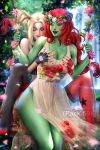  2girls ayya_sap black_gloves blonde_hair colored_skin dc_comics dress english_text fingerless_gloves flower gloves green_eyes green_skin harley_quinn head_wreath long_hair multiple_girls outdoors poison_ivy red_flower red_hair red_rose rose short_twintails sitting swing thighhighs twintails watermark white_dress 
