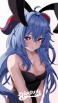  1girl ahoge alternate_costume animal_ears bare_arms bare_shoulders blue_hair breasts cleavage commentary_request erickdvile fake_animal_ears ganyu_(genshin_impact) genshin_impact highres horns long_hair looking_at_viewer playboy_bunny rabbit_ears small_breasts solo strapless upper_body very_long_hair yellow_eyes 