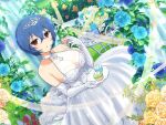  1girl amane_(senran_kagura) basket blue_flower blue_hair blue_rose blush bow breasts bride bush cleavage cupcake curtains dessert dress elbow_gloves flower flower_basket food frilled_dress frills garden gloves grass hair_ornament hairpin holding holding_food holding_plate icing lace lace_trim large_breasts leaf looking_at_viewer macaron official_alternate_costume official_art open_mouth orange_flower orange_rose plant plate red_eyes red_flower red_tulip rose see-through_cleavage senran_kagura senran_kagura_new_link short_hair solo standing streamers sweets table tiara tulip waist_bow wedding_dress white_bow white_dress white_flower white_gloves white_rose yaegashi_nan yellow_flower yellow_rose 