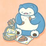  absurdres baguette basket bread closed_eyes crumbs eating fidough food food_on_face highres napkin no_humans official_art open_mouth orange_background pokemon pokemon_(creature) simple_background sleeping snorlax 