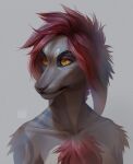  anthro artist_name black_eyebrows bust_portrait chest_tuft eyebrows female floppy_ears front_view fur grey_background grey_body grey_fur hair hi_res looking_aside marie_merkh messy_hair mouth_closed orange_eyes portrait red_hair short_hair shoulder_tuft simple_background solo tuft yellow_sclera 