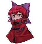 1girl bow cloak commentary english_commentary hair_bow half-closed_eyes highres looking_at_viewer purple_bow red_eyes red_hair sekibanki short_hair signature simple_background solo tapirsono touhou upper_body white_background 
