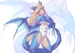  1girl abs blonde_hair blue_eyes commentary dragon_ears dragon_girl dragon_horns dragon_tail dragon_wings english_commentary extremely-nervess highres horns ice_dragon long_hair one-piece_swimsuit one_eye_closed original scales smile solo swimsuit tail wings 