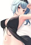  1girl absurdres armpits babydoll bare_shoulders black_hairband blue_hair breasts brown_eyes cleavage commentary eula_(genshin_impact) genshin_impact hairband highres large_breasts long_hair looking_at_viewer navel shirafuji_ene solo stomach upper_body 