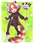  2girls :3 :d animal_ears black_gloves blush bow bowtie breasts brown_eyes chibi ege_s_ki floating full_body fur_collar giant_panda_(kemono_friends) gloves kemono_friends lesser_panda_(kemono_friends) looking_at_viewer multicolored_hair multiple_girls open_mouth orange_hair red_panda_tail shoes small_breasts smile two-tone_hair white_hair 