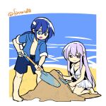  1boy 1girl alternate_costume blue_eyes blue_hair brother_and_sister circlet digging fire_emblem fire_emblem:_genealogy_of_the_holy_war headband holding holding_shovel julia_(fire_emblem) long_hair ocean open_mouth ponytail purple_eyes purple_hair sand seliph_(fire_emblem) shorts shovel siblings simple_background smile swimsuit white_headband yukia_(firstaid0) 