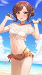  1girl ass_visible_through_thighs bare_shoulders beach bikini blush bracelet breasts brown_hair cloud cloudy_sky collarbone commentary cowboy_shot day hair_bun hand_in_own_hair highres idolmaster idolmaster_shiny_colors jewelry kurageso looking_at_viewer medium_breasts mismatched_bikini navel ocean off-shoulder_bikini off_shoulder open_mouth osaki_amana outdoors single_hair_bun sky solo swimsuit thigh_gap yellow_eyes 