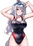  1girl animal_ears armpits arms_up black_one-piece_swimsuit blunt_bangs breasts covered_navel goggles goggles_on_head gold_ship_(umamusume) grey_hair grin herohero_(higashi_no_dou) highres horse_ears horse_girl horse_tail large_breasts long_hair one-piece_swimsuit parted_lips purple_eyes simple_background smile solo swimsuit tail thigh_gap two-tone_swimsuit umamusume white_background 