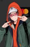  bladee brown_hair eyewear_on_head gang_sign hat highres hood hoodie hot joeyy_(rapper) karcer_grey non-web_source orange_hoodie pale_skin sunglasses swedish_clothes what 