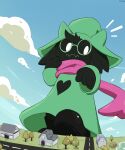  anthro black_body black_fur boots bovid caprine clothed clothing deltarune extreme_size_difference eyewear faceless_character faceless_human footwear frown fur gentle_giant glasses goat hat headgear headwear hi_res horn houses human listrymistery macro male mammal ralsei scarf size_difference smaller_human undertale_(series) wholesome 