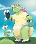  absurd_res anthro big_diaper bodily_fluids bulbasaur clothing diaper extremius_amphibious eyewear eyewear_on_head fan_character flower gardening_tools generation_1_pokemon genital_fluids goggles goggles_on_head hi_res male nintendo plant pokemon pokemon_(species) shirt smile solo standing topwear urine watering_can watering_flower wet_diaper wetting wetting_diaper 